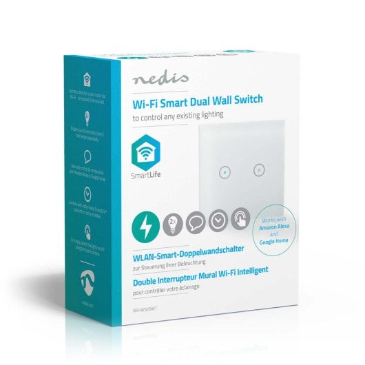 Interrupteur intelligent Wi-Fi Nedis WIFIWS20WT, 2 canaux, 300 W, façade en verre blanc