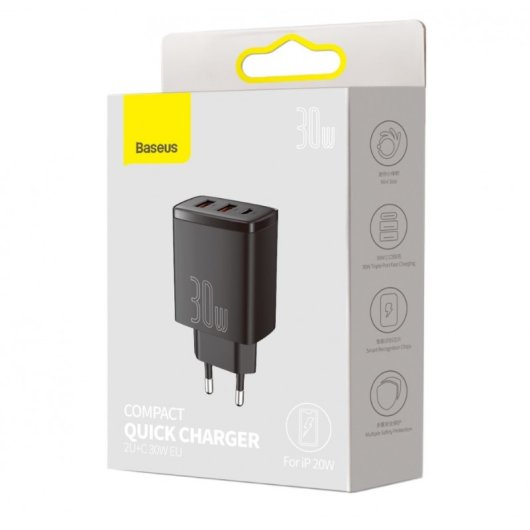 Cargador Baseus CCXJ-E01 1 puerto USB-C carga rápida, protección sobrecalentamiento, Negro