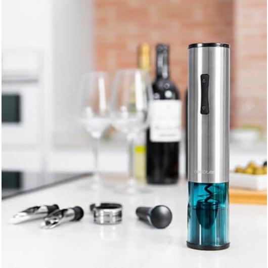 Tire-bouchon électrique Cecotec 02310 en acier inoxydable bleu, fonction presse compacte