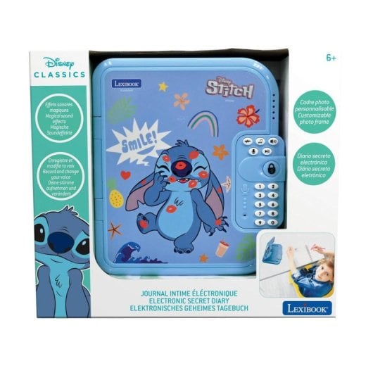 Diario segreto Disney Stitch Lexibook, registratore di melodie con password, cornice per foto