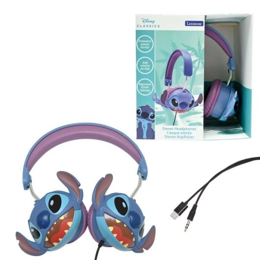 Auricular Disney Stitch 3D con cable Lexibook plegable, limitador de 85 dB, jack y USB-C