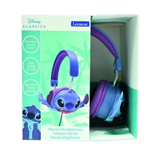 Auricular Disney Stitch 3D con cable Lexibook plegable, limitador de 85 dB, jack y USB-C