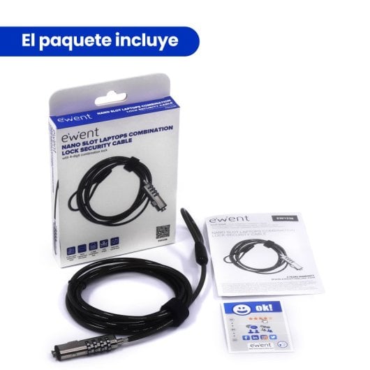 Cavo di sicurezza Ewent EW1238 Nano Combination a 4 cifre in acciaio zincato, 1,8 m, nero