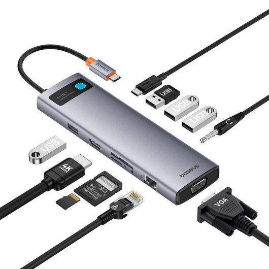 Hub Baseus 10 puertos 5000 Mbit/s StarJoy USB-C HDMI RJ-45 VGA SD MicroSD Audio 60 Hz