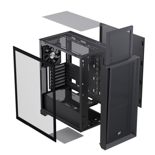 Boîtier PC Einarex Pulse P600 Core Black avec panneau latéral interchangeable en mesh/verre trempé, compatible avec 6 ventilateurs, refroidissement liquide 360 mm et panneau latéral en verre.