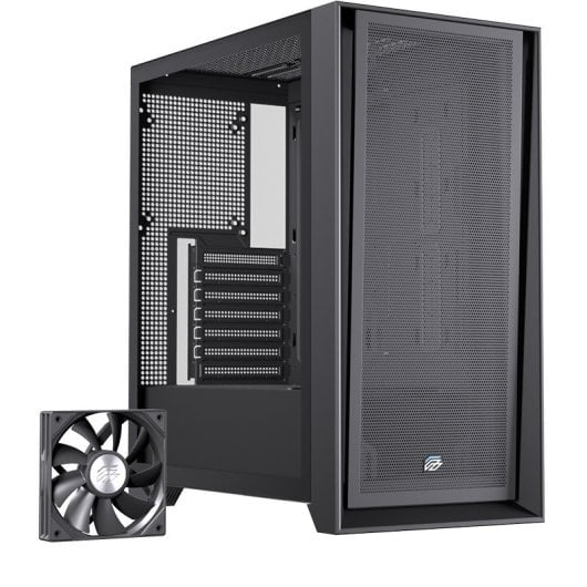 Boîtier PC Einarex Pulse P600 Core Black avec panneau latéral interchangeable en mesh/verre trempé, compatible avec 6 ventilateurs, refroidissement liquide 360 mm et panneau latéral en verre.