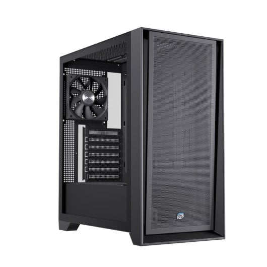 Boîtier PC Einarex Pulse P600 Core Black avec panneau latéral interchangeable en mesh/verre trempé, compatible avec 6 ventilateurs, refroidissement liquide 360 mm et panneau latéral en verre.