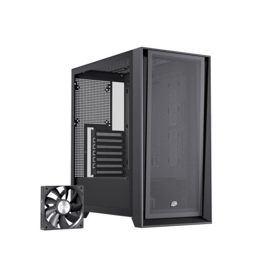Boîtier PC Einarex Pulse P600 Core Black avec panneau latéral interchangeable en mesh/verre trempé, compatible avec 6 ventilateurs, refroidissement liquide 360 mm et panneau latéral en verre.