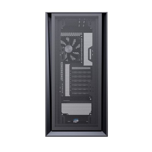 Boîtier PC Einarex Pulse P600 Core Black avec panneau latéral interchangeable en mesh/verre trempé, compatible avec 6 ventilateurs, refroidissement liquide 360 mm et panneau latéral en verre.