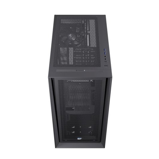 Boîtier PC Einarex Pulse P600 Core Black avec panneau latéral interchangeable en mesh/verre trempé, compatible avec 6 ventilateurs, refroidissement liquide 360 mm et panneau latéral en verre.