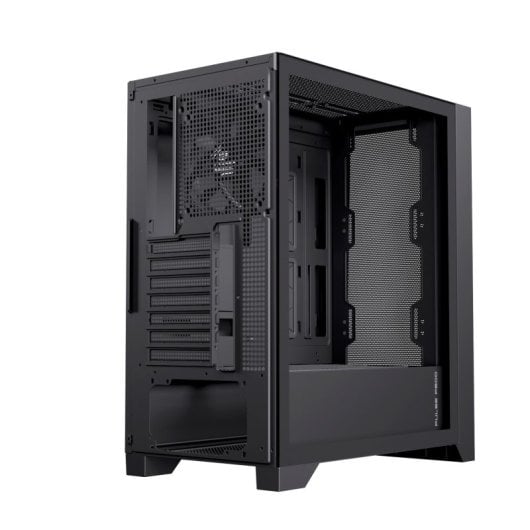 Boîtier PC Einarex Pulse P600 Core Black avec panneau latéral interchangeable en mesh/verre trempé, compatible avec 6 ventilateurs, refroidissement liquide 360 mm et panneau latéral en verre.