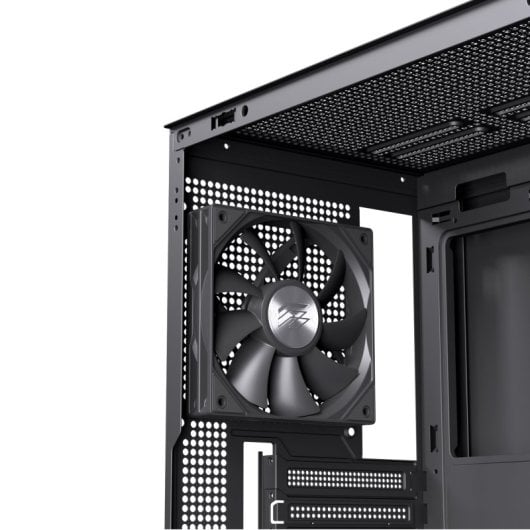 Boîtier PC Einarex Pulse P600 Core Black avec panneau latéral interchangeable en mesh/verre trempé, compatible avec 6 ventilateurs, refroidissement liquide 360 mm et panneau latéral en verre.