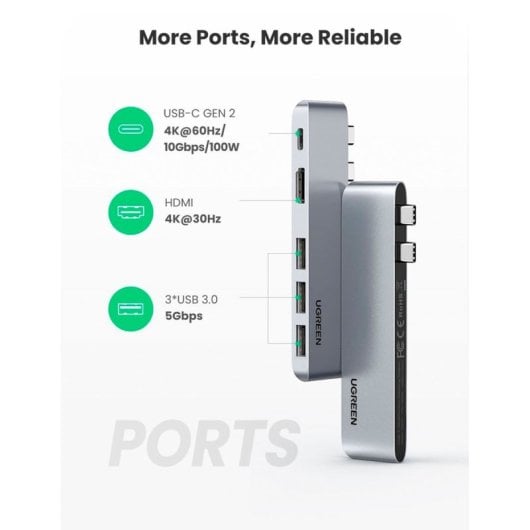 Hub USB-C Ugreen 60559 HDMI 4K 3x USB 3.0 Thunderbolt Plata Plug & Play