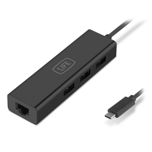 Hub USB-C 1Life usb:hub 3 USB 3.0 RJ-45 Preto 3xUSB 3.0 hasta 5Gbps Ethernet Gigabit