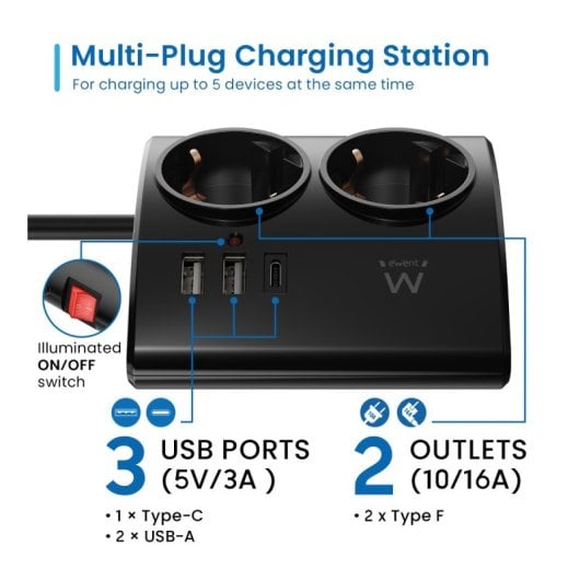 Regleta Ewent EW3871 2 Schuko 3 USB (2A+1C) Carga Rápida 1.5m Protección Infantil