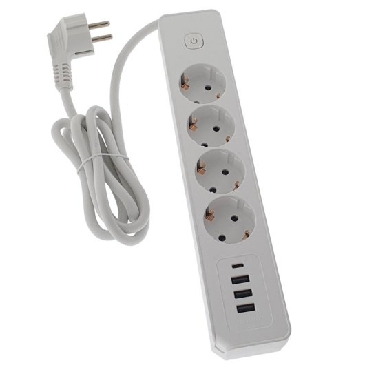 Regleta Osca Connect 4 enchufes 16A 3680W 3 USB tipo A 1 USB tipo C cable 1,5m blanca