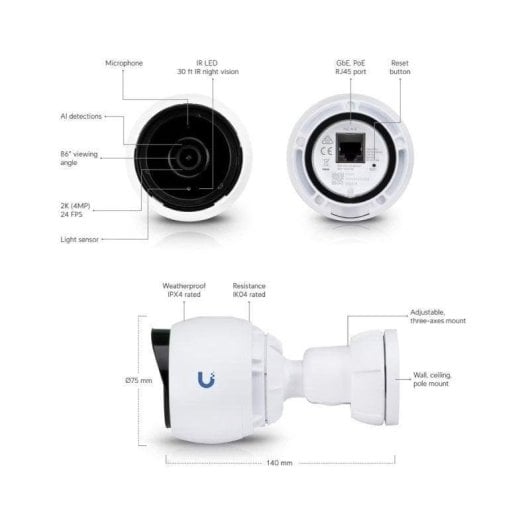 Caméra de surveillance Ubiquiti UniFi Protect G4 Bullet 4MP Vision Nocturne Intérieure et Extérieure
