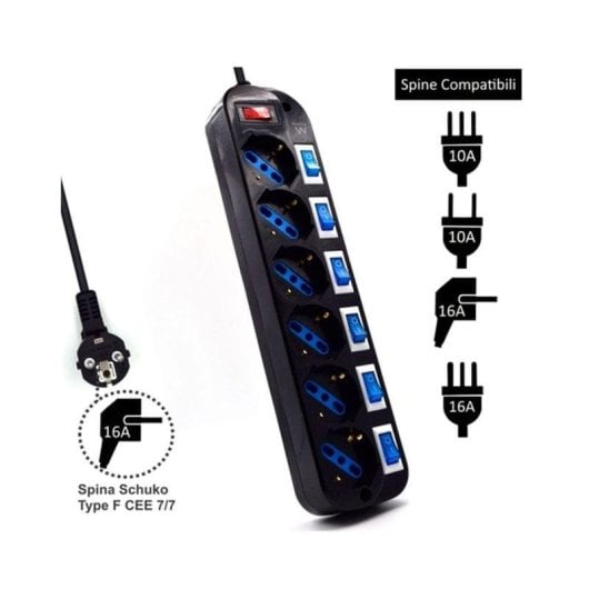 Multiprise Ewent EW3851 6 Prises Schuko avec Interrupteurs Individuels et Protection Enfant