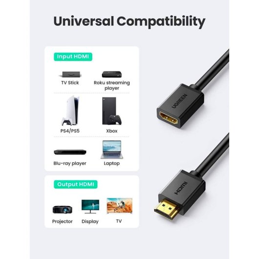 Cable HDMI Ugreen HD107 1.4 Macho-Hembra 5m 1080p 3D Modo Espejo y Extendido