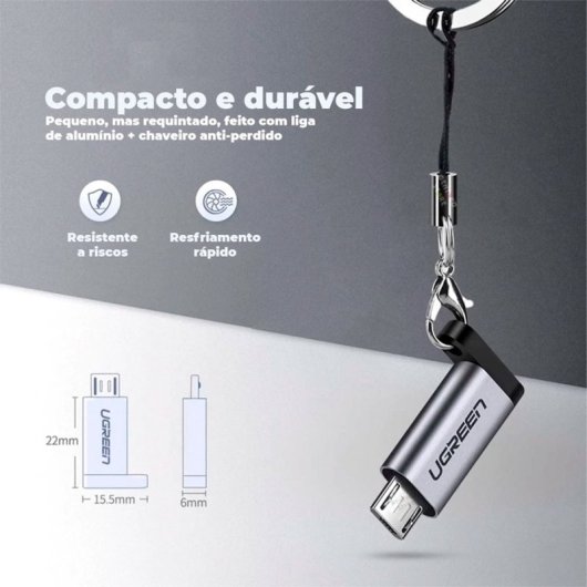 Adaptador Ugreen USB-C a Micro USB compacto, soporta Quick Charge 2.0 y 480 Mbps