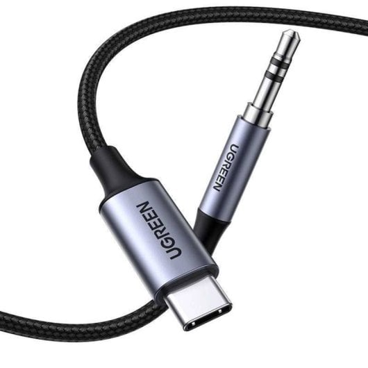Cabo de áudio Ugreen Mini Jack 3,5 mm para USB-C 1M reforçado preto de alta durabilidade