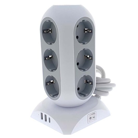 Regleta torre Oscaconnect 12 tomas con tierra, 2 USB-A, 1 USB-C, cable 2 m carga rápida