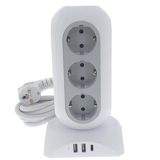 Regleta torre Oscaconnect 12 tomas con tierra, 2 USB-A, 1 USB-C, cable 2 m carga rápida