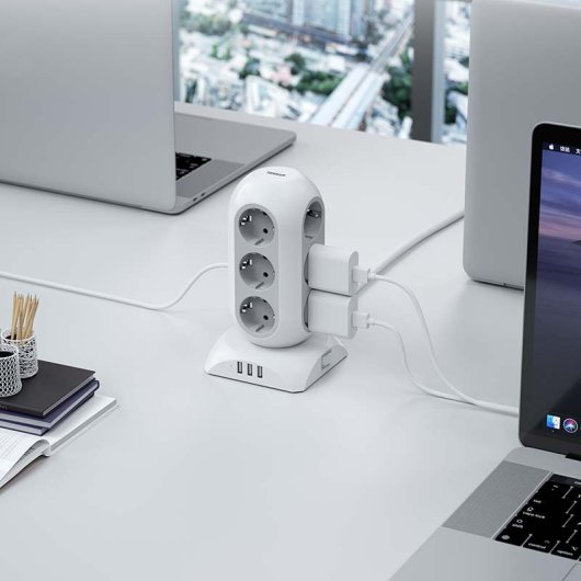 Regleta torre Oscaconnect 12 tomas con tierra, 2 USB-A, 1 USB-C, cable 2 m carga rápida