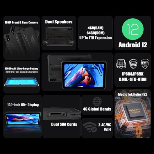 Tablet HOTWAV R5 10.1" 4GB/64GB 4G Dual SIM WiFi Rugerizada Negra