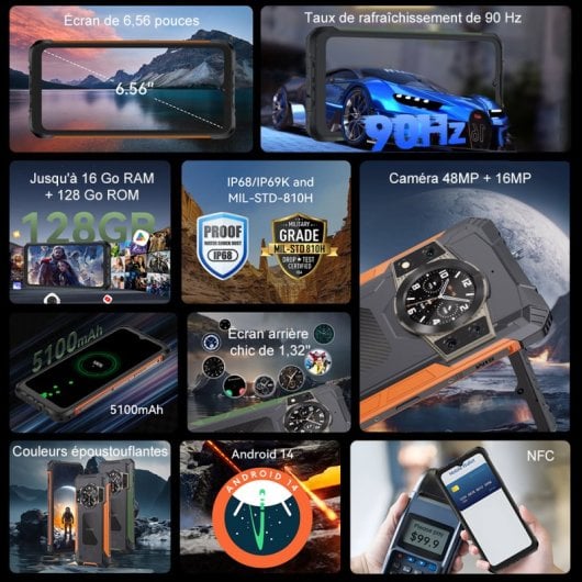 Cubot KingKong Ace 2 6 Go/128 Go 5100 mAh NFC 90 Hz Android 14 Double SIM Noir/Orange