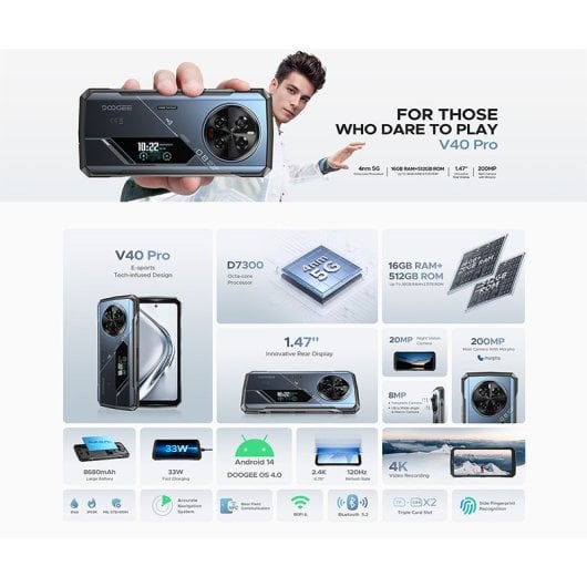 DOOGEE V40 Pro 16 GB/512 GB 5G 200 MP NFC Wi-Fi 6 Schnellladung 8680 mAh Blau
