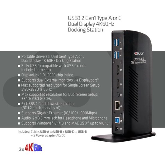 Estación de acoplamiento Club 3D CSV-1460 Dual Display 4K 60Hz USB 3.2 6 Puertos Negro