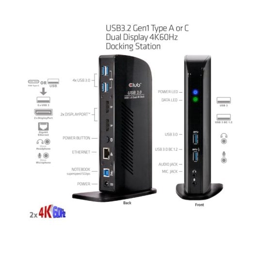 Estación de acoplamiento Club 3D CSV-1460 Dual Display 4K 60Hz USB 3.2 6 Puertos Negro