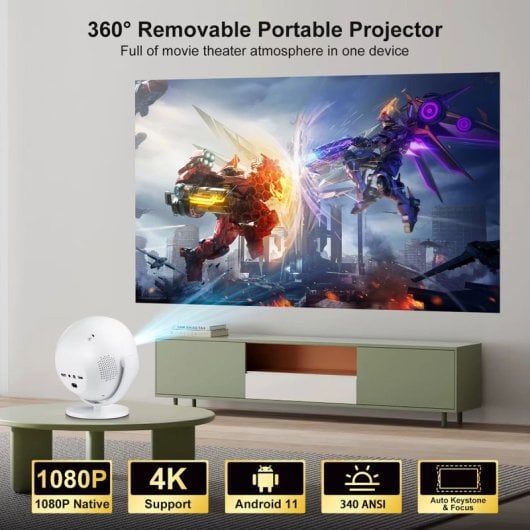 Projetor Klack 1080P 200 Lúmens LCD 360° WiFi 6 Bluetooth 5.2 Android 11 HiFi