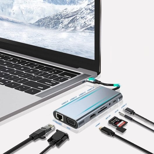 Adaptador Klack HUB USB-C 10 en 1 HDMI 4K VGA Ethernet Aluminio Dual Display