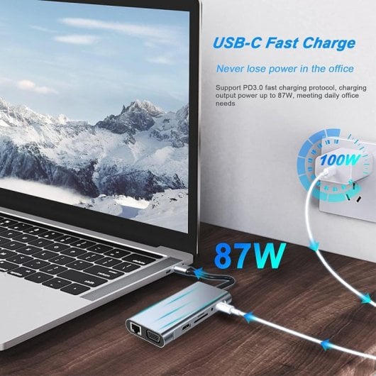 Adaptador Klack HUB USB-C 10 en 1 HDMI 4K VGA Ethernet Aluminio Dual Display