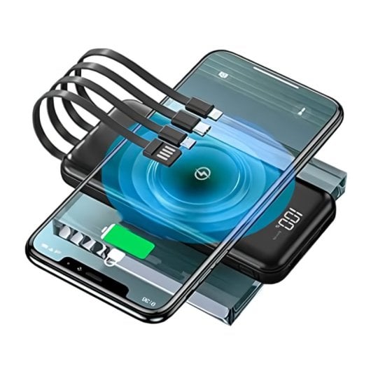 Batería externa Klack 10.000 mAh 6 salidas, carga inalámbrica Qi y LED digital