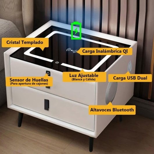 Mesilla de noche Klack Smart LED Bluetooth Vidrio templado Carga inalámbrica y Huella digital