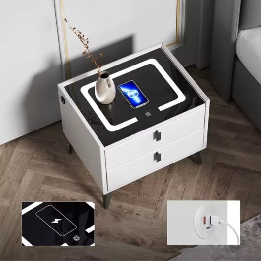 Mesilla de noche Klack Smart LED Bluetooth Vidrio templado Carga inalámbrica y Huella digital