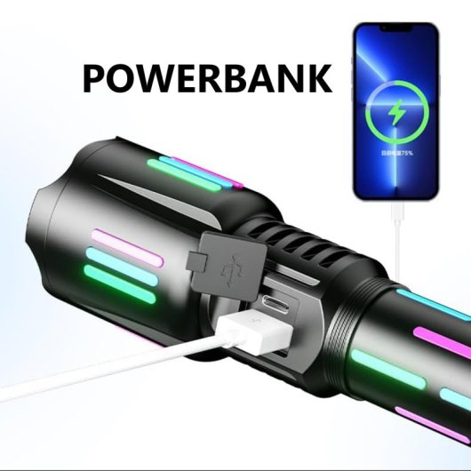 Linterna Klack Táctica Recargable 990000 Lúmenes PowerBank USB 5 Modos IP67 LCD