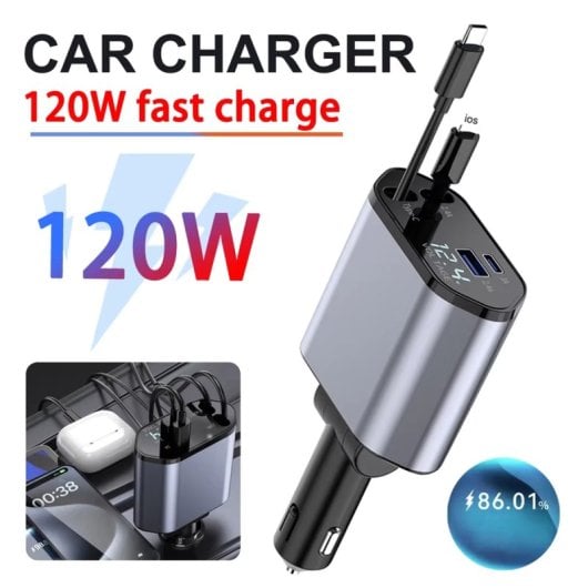 Carregador de isqueiro retrátil USB tipo C/Lightning Power Delivery Klack 4 em 1 de 120 W