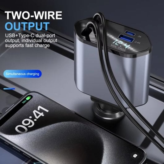 Carregador de isqueiro retrátil USB tipo C/Lightning Power Delivery Klack 4 em 1 de 120 W