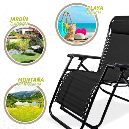 Tumbona Klack Zero Gravity reclinable y plegable textileno, 150kg, acero cromado