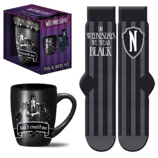 Pack Taza Cerámica 315ml Pyramid Miércoles + Calcetines Algodón 36-41 Licencia Oficial