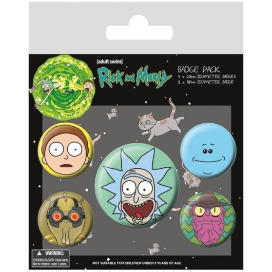 Lot de badges métalliques Rick & Morty Pyramid pack 5 unités 2,5 cm et 3,8 cm