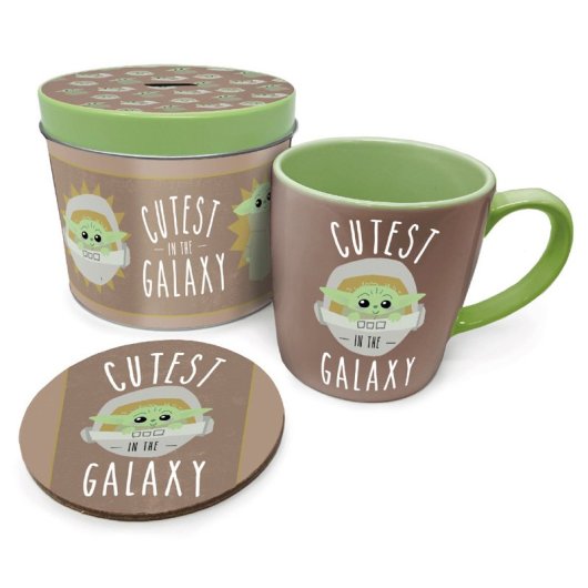 Pack taza cerámica 315ml + posavasos corcho 10x10cm Pyramid THE MANDALORIAN lata decorada