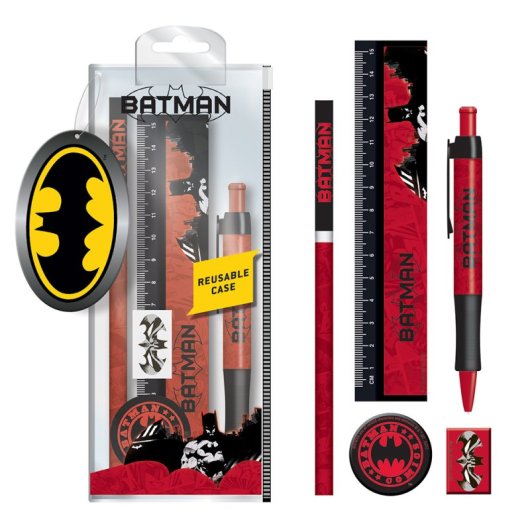 Ensemble de papeterie Pyramid DC : trousse plastifiée, crayon, stylo, règle, taille-crayon, gomme