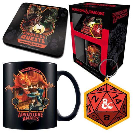 Pack Dungeons & Dragons Pyramid Taza cerámica 315ml Llavero goma Posavasos corcho