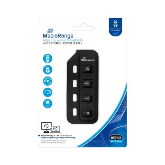 Mediarange MRCS505 USB 3.0 Hub, 4 USB 3.0-Anschlüsse, Stromversorgung über Netzteil, Schwarz