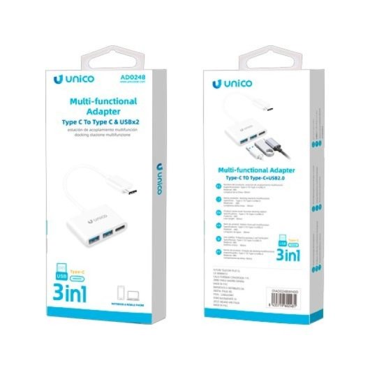 Adaptador UNICO AD0248 USB-C a USB-A+USB-C ABS 90mm Blanco compact ABS 0.09m